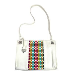 Brighton White Leather Shoulder Purse Bag Colorful Woven Front